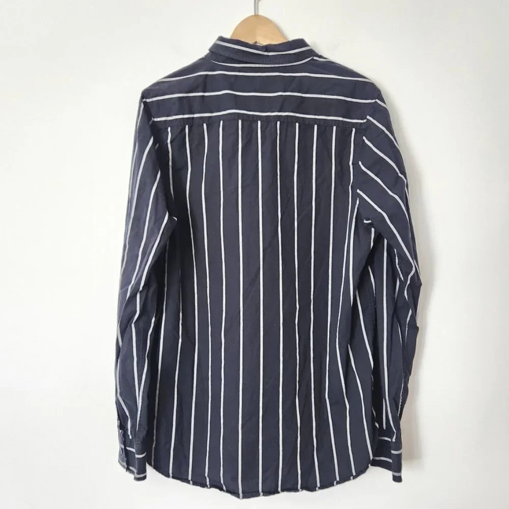 Y2K Striped Button Down Shirt Navy Blue White Men's Large Company‎ 81 Eagle Vtg